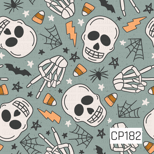 Playful Halloween pattern featuring smiling skulls, skeleton hand signs, candy corn, spider webs, bats, stars, spiders, and lightning bolts scattered across a muted sage green background. The hand-drawn illustrations and vintage-inspired color palette create a fun, spooky design.
