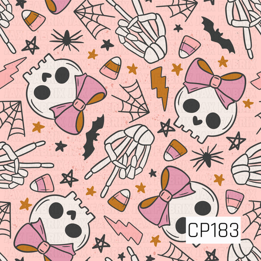 Playful Halloween pattern featuring skulls adorned with oversized pink bows, skeleton hand signs, candy corn, spider webs, bats, lightning bolts, stars, and spiders scattered across a soft pink background. The bold outlines and cute spooky color palette create a fun, girly Halloween design.
