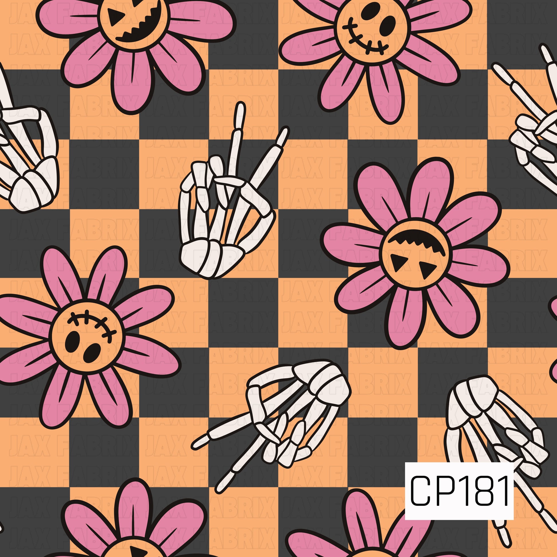 Retro Halloween pattern featuring pink spooky flowers with jack-o'-lantern and stitched faces, skeleton hand gestures, and a bold black-and-orange checkerboard background. The playful design combines vintage Halloween charm with a fun, whimsical aesthetic.
