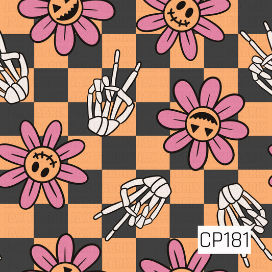 Retro Halloween pattern featuring pink spooky flowers with jack-o'-lantern and stitched faces, skeleton hand gestures, and a bold black-and-orange checkerboard background. The playful design combines vintage Halloween charm with a fun, whimsical aesthetic.
