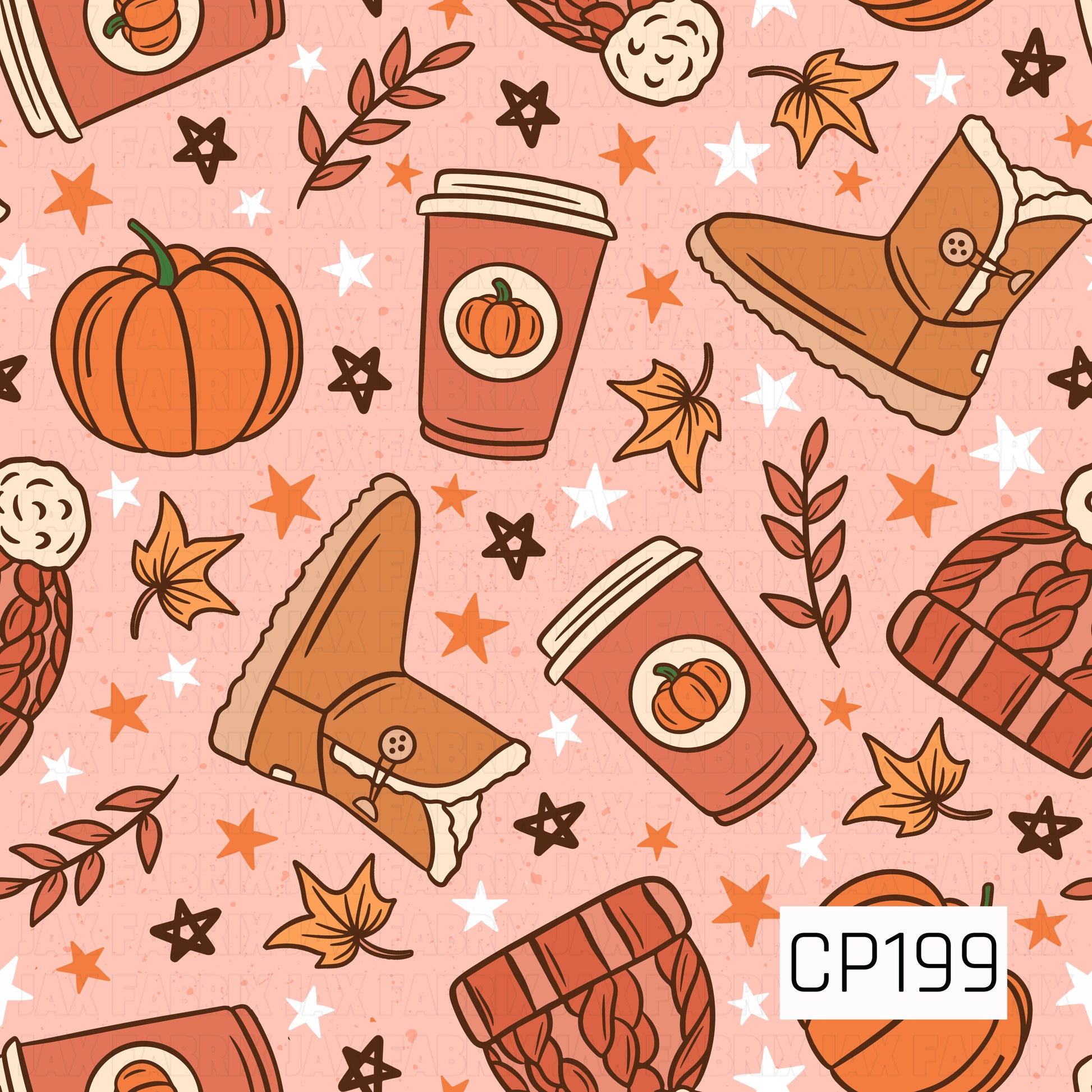 A seamless autumn pattern featuring pumpkins, cozy lined boots, knitted sweaters, pumpkin spice coffee cups, falling leaves, wheat sprigs, and scattered stars on a soft blush background. Warm shades of orange, rust, brown, and cream create a charming seasonal design that captures the cozy feel of crisp fall days.
