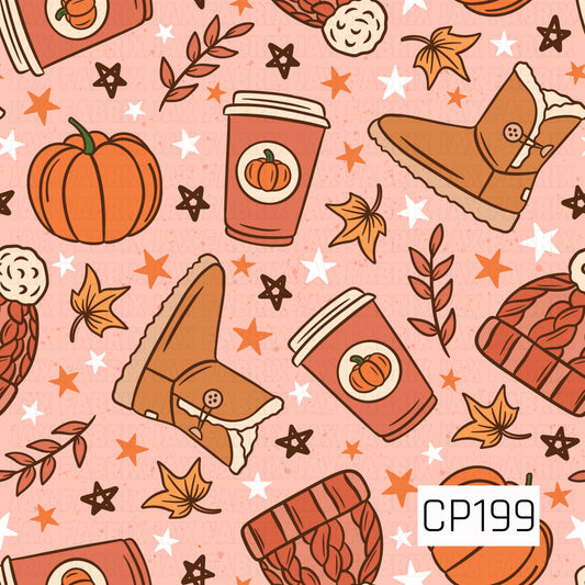 A seamless autumn pattern featuring pumpkins, cozy lined boots, knitted sweaters, pumpkin spice coffee cups, falling leaves, wheat sprigs, and scattered stars on a soft blush background. Warm shades of orange, rust, brown, and cream create a charming seasonal design that captures the cozy feel of crisp fall days.
