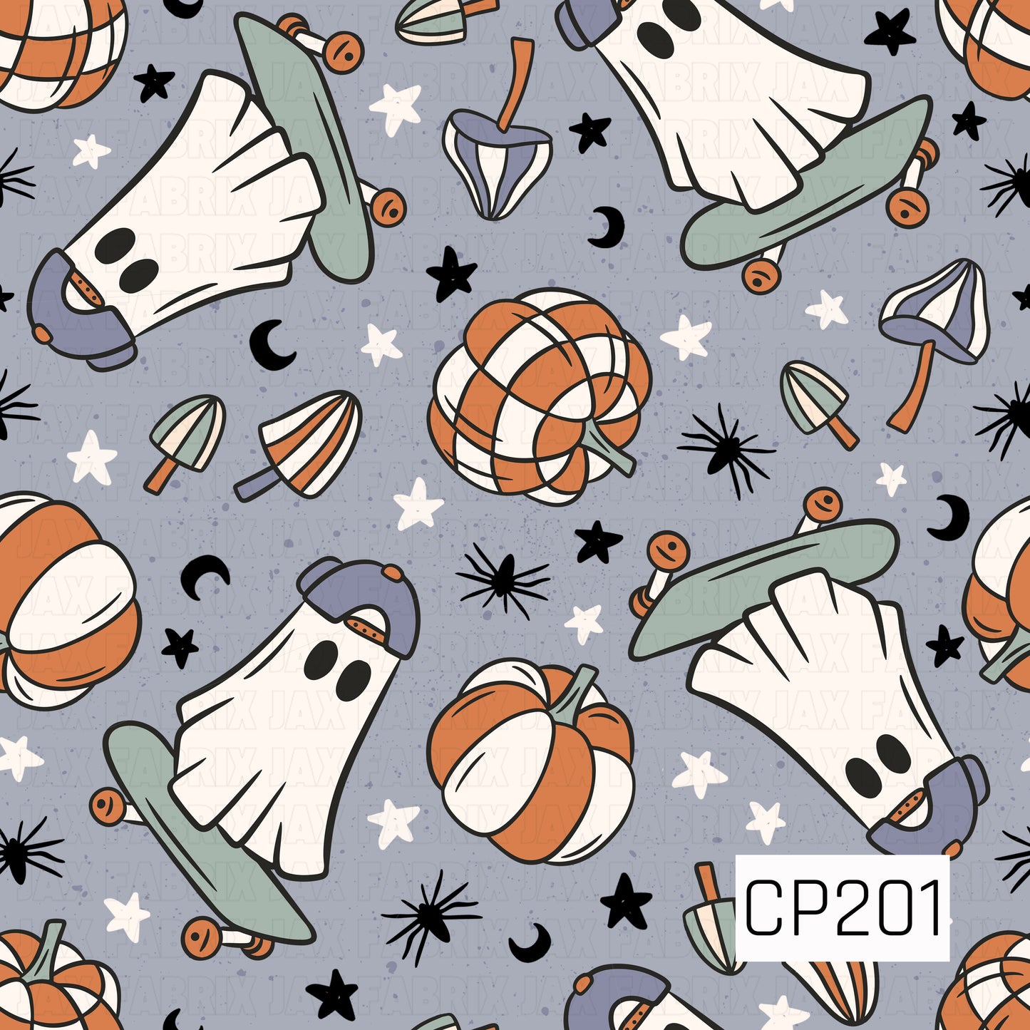 A seamless Halloween pattern featuring playful ghosts riding skateboards alongside striped pumpkins, candy corn, mushrooms, stars, crescent moons, and tiny spiders. Set on a muted blue background with soft orange, sage green, black, and cream accents, the design blends spooky fun with a retro skate-inspired aesthetic.
