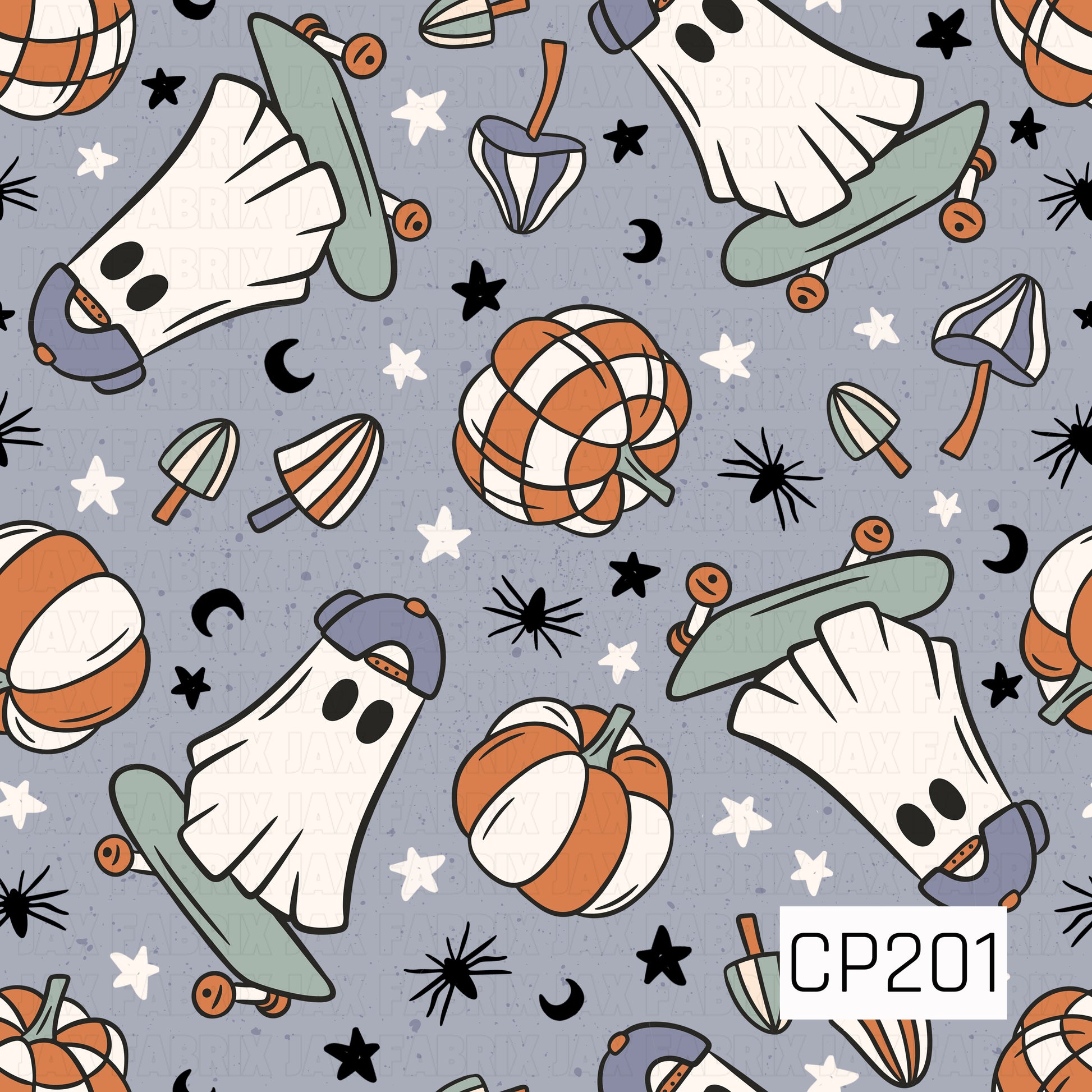 A seamless Halloween pattern featuring playful ghosts riding skateboards alongside striped pumpkins, candy corn, mushrooms, stars, crescent moons, and tiny spiders. Set on a muted blue background with soft orange, sage green, black, and cream accents, the design blends spooky fun with a retro skate-inspired aesthetic.
