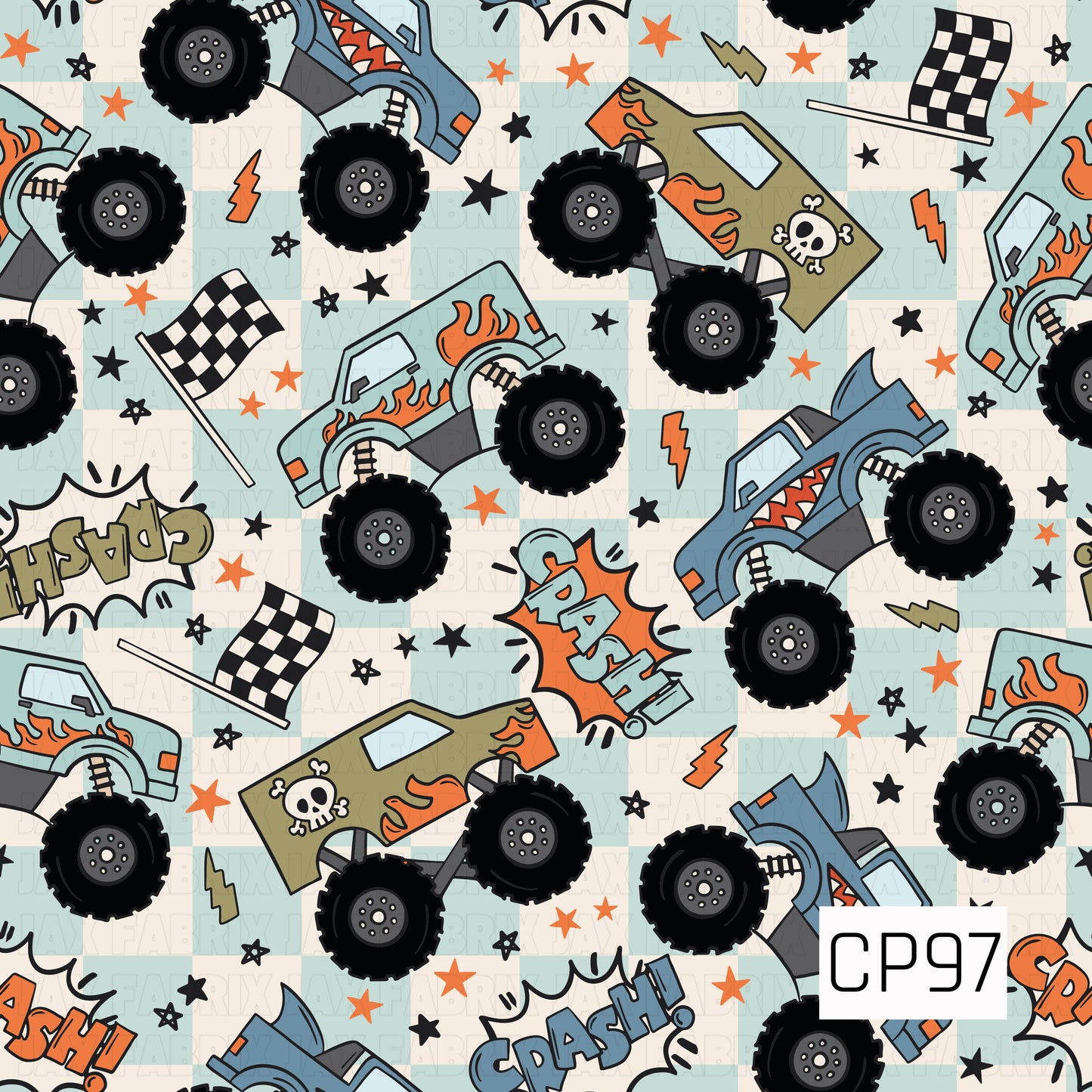 A seamless pattern featuring colorful monster trucks with flame graphics, shark teeth, and skull designs, accented by checkered racing flags, comic-style crash bursts, lightning bolts, and scattered stars on a soft blue and cream checkerboard background.
