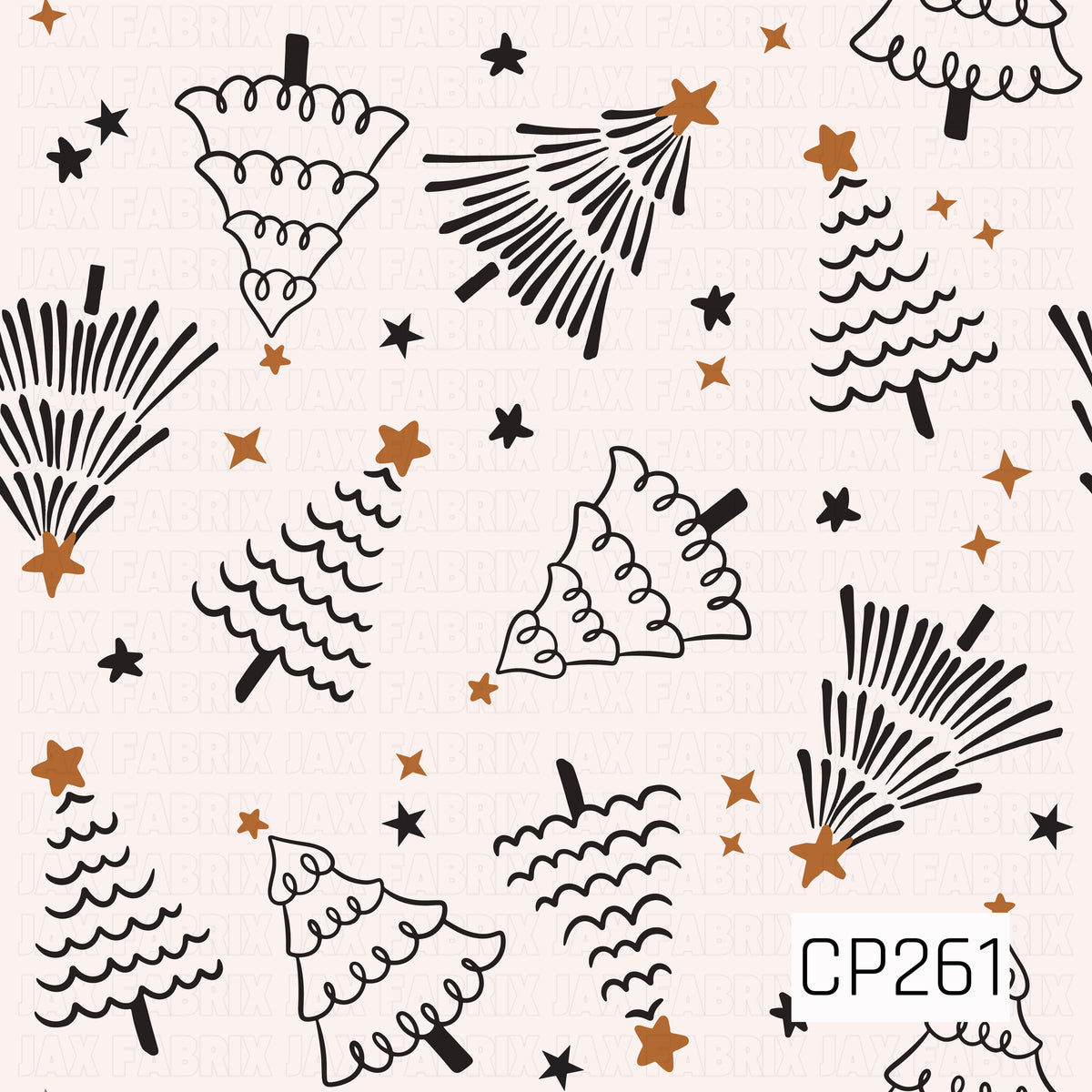 A whimsical hand-drawn Christmas tree pattern featuring an assortment of playful tree styles, from curly scalloped branches to bold radiating lines. Scattered black and warm golden-brown stars add a fun celestial touch against the soft cream background, giving the design a modern retro holiday feel.