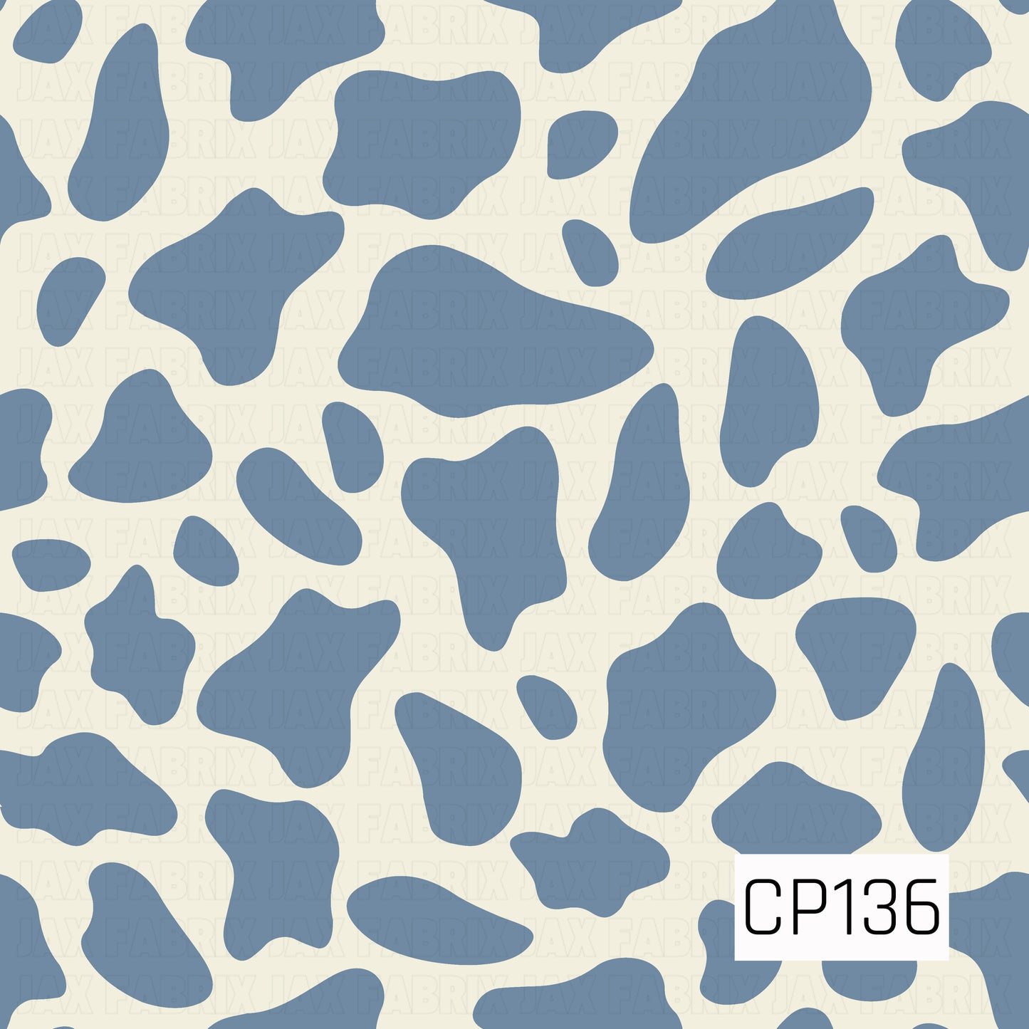 A classic cow print featuring dusty blue organic spots on a soft cream background. The simple two-tone design offers a timeless western-inspired look with a modern, muted color palette.
