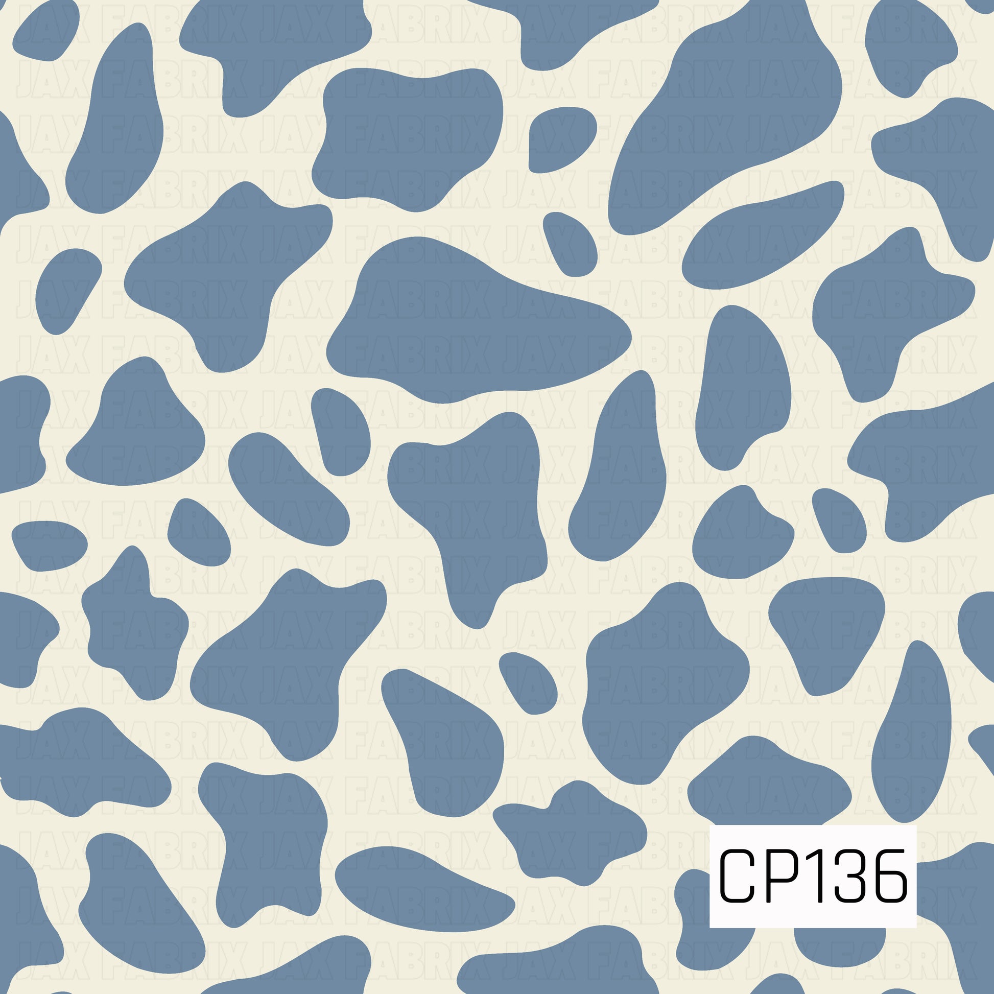 A classic cow print featuring dusty blue organic spots on a soft cream background. The simple two-tone design offers a timeless western-inspired look with a modern, muted color palette.
