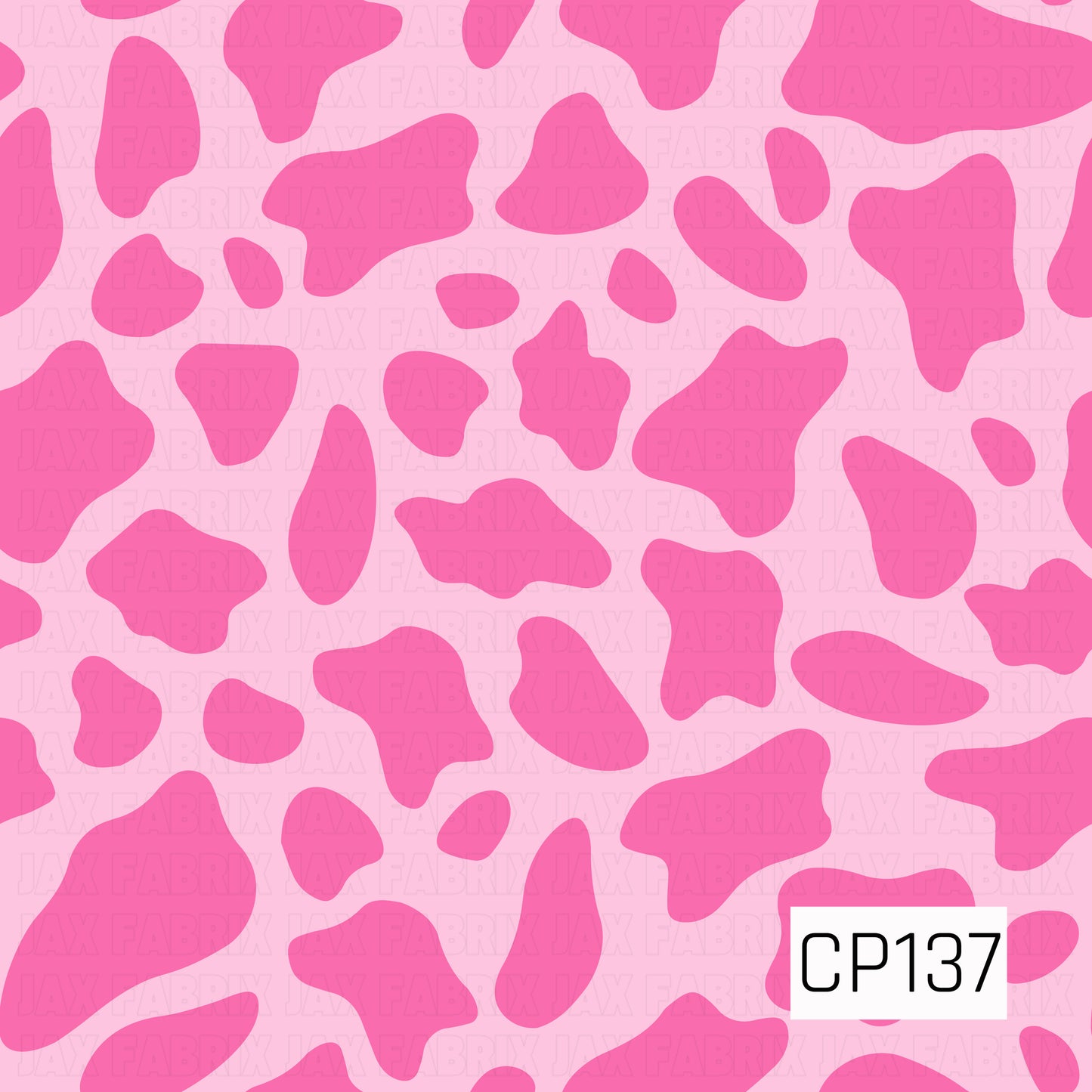 A bold cow print featuring hot pink organic spots on a light pink background. This fun monochromatic design gives a fresh twist to the classic western pattern with bright, playful color.
