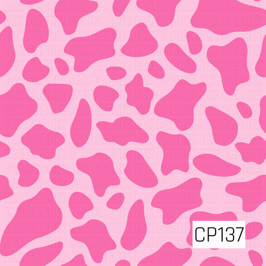 A bold cow print featuring hot pink organic spots on a light pink background. This fun monochromatic design gives a fresh twist to the classic western pattern with bright, playful color.
