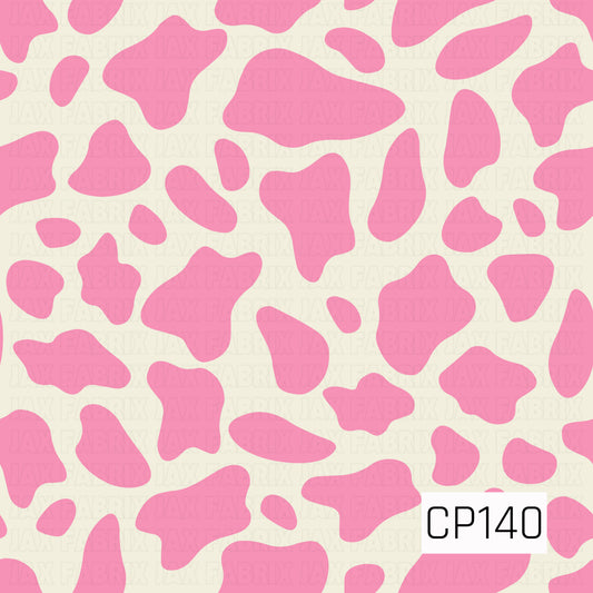 A classic cow print featuring bright pink organic spots on a soft cream background. This playful two-tone design offers a fun western-inspired look with a bold, vibrant color palette.
