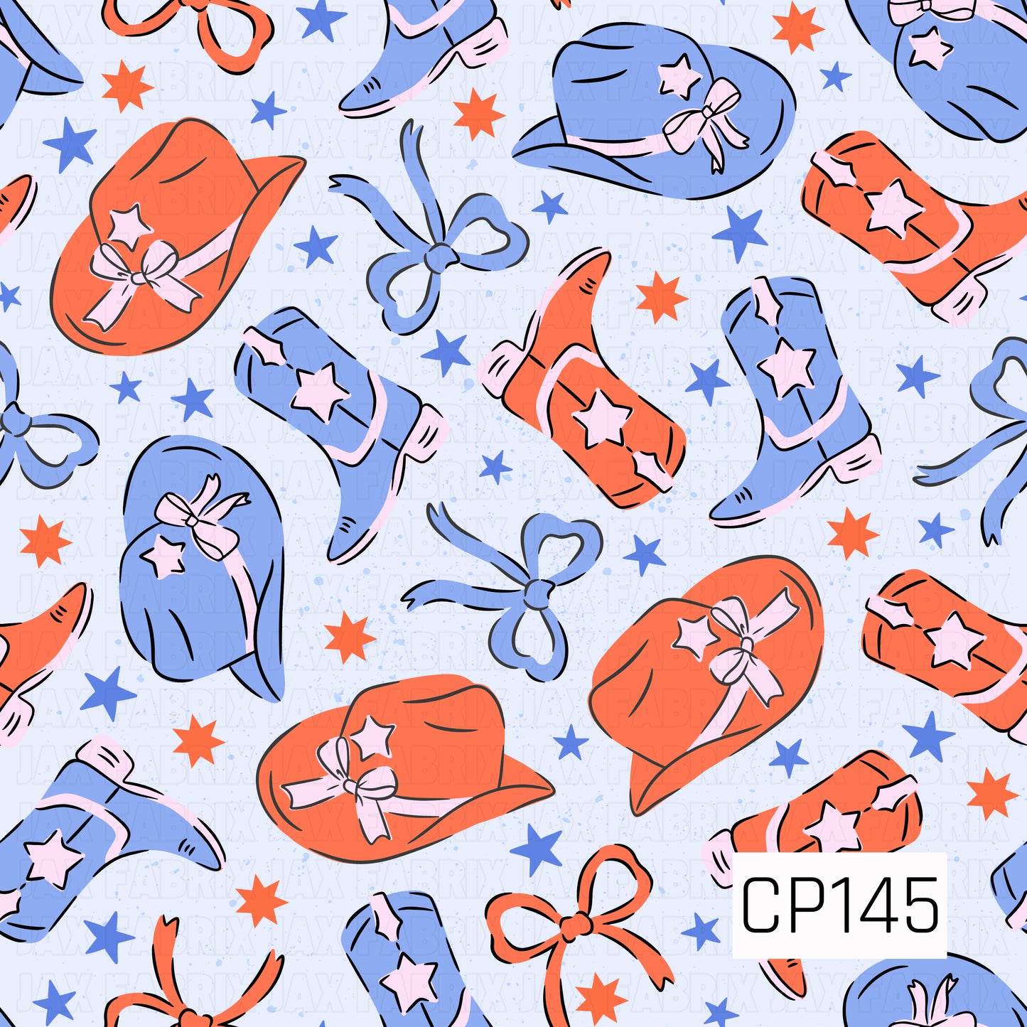 Red and blue cowboy hats, western boots, and bows are scattered across a light blue background with coordinating stars, creating a fun and patriotic western design.
