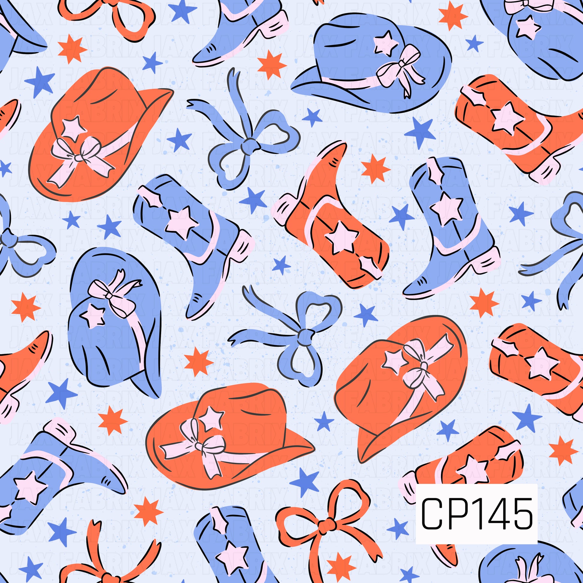 Red and blue cowboy hats, western boots, and bows are scattered across a light blue background with coordinating stars, creating a fun and patriotic western design.
