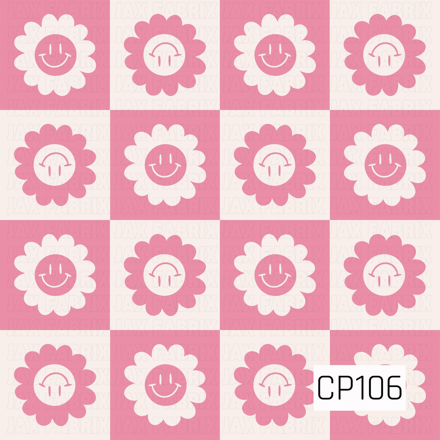 A playful pink checkerboard pattern featuring alternating smiling daisy flowers and upside-down daisy faces in soft pink and white. The bold retro design combines simple floral shapes with cheerful expressions for a fun, modern aesthetic.
