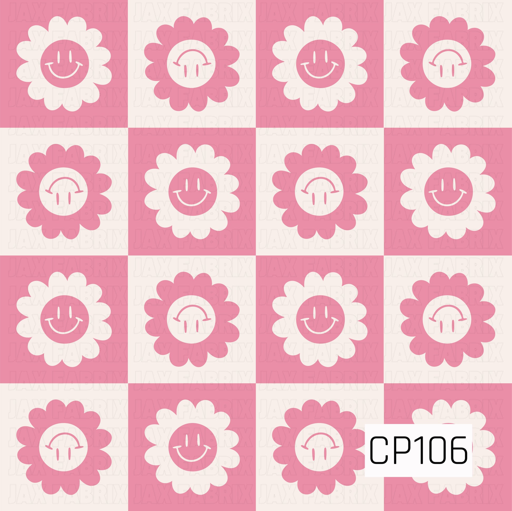 A playful pink checkerboard pattern featuring alternating smiling daisy flowers and upside-down daisy faces in soft pink and white. The bold retro design combines simple floral shapes with cheerful expressions for a fun, modern aesthetic.
