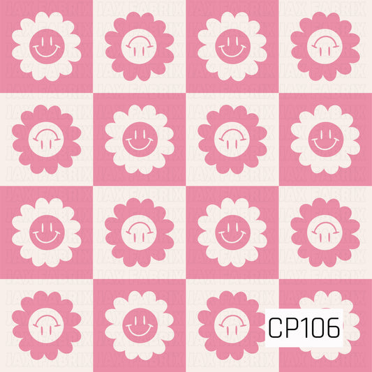 A playful pink checkerboard pattern featuring alternating smiling daisy flowers and upside-down daisy faces in soft pink and white. The bold retro design combines simple floral shapes with cheerful expressions for a fun, modern aesthetic.
