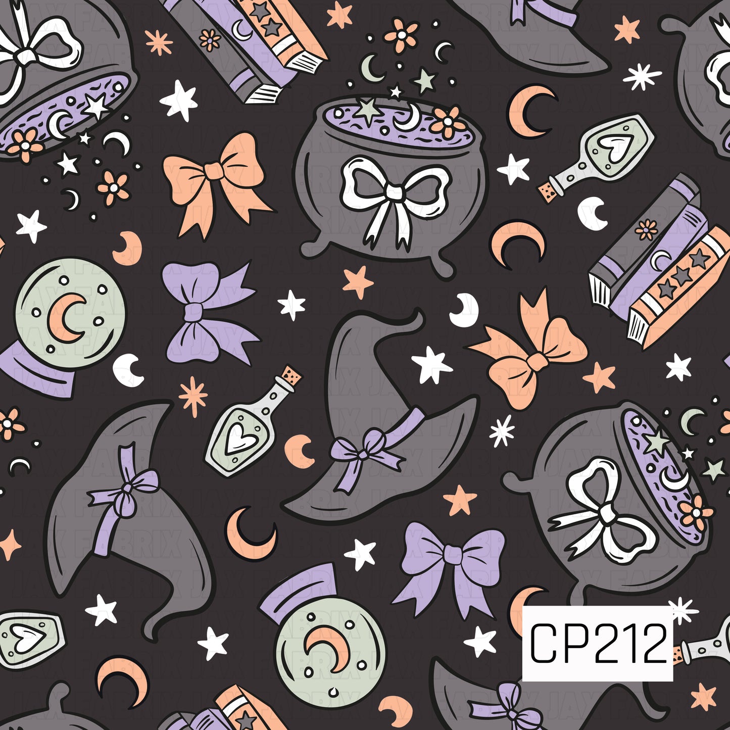 A whimsical Halloween seamless pattern featuring witch hats, bubbling cauldrons, spell books, crystal balls, potion bottles, bows, crescent moons, stars, and tiny florals in soft lavender, peach, gray, and black. Perfect for Halloween apparel, quilts, bags, accessories, home décor, and other spooky-cute sewing and crafting projects.
