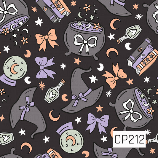 A whimsical Halloween seamless pattern featuring witch hats, bubbling cauldrons, spell books, crystal balls, potion bottles, bows, crescent moons, stars, and tiny florals in soft lavender, peach, gray, and black. Perfect for Halloween apparel, quilts, bags, accessories, home décor, and other spooky-cute sewing and crafting projects.
