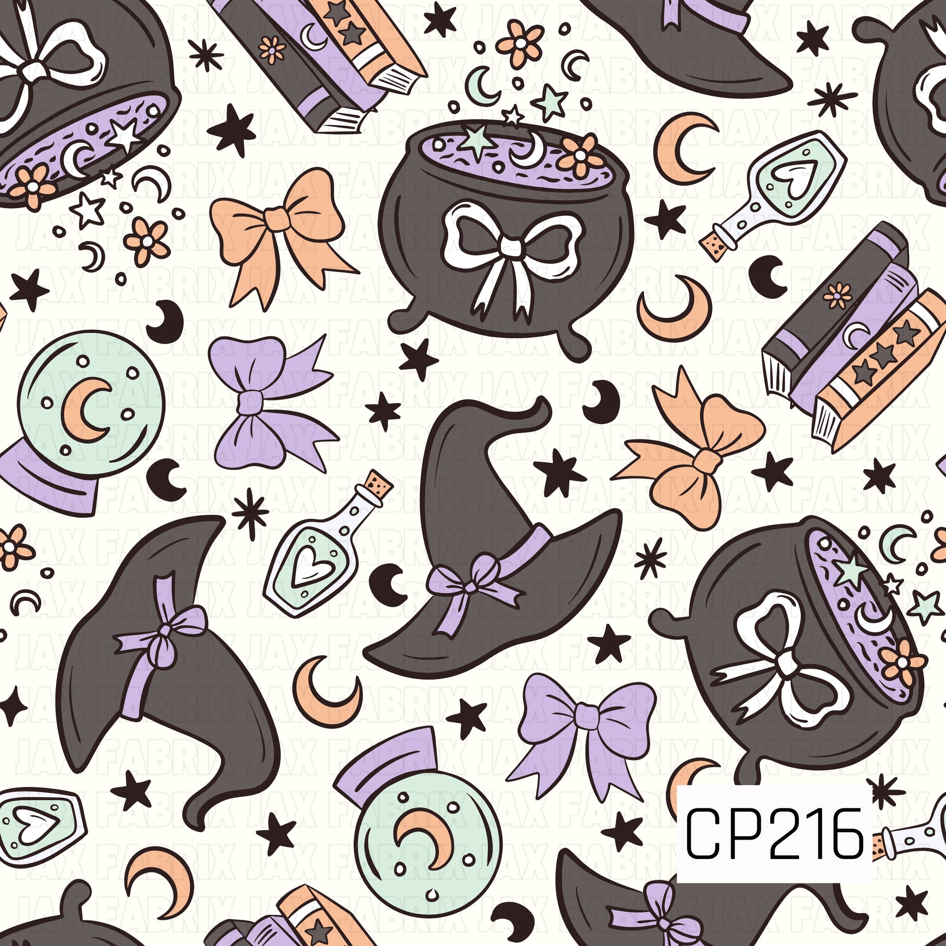 A whimsical Halloween seamless pattern featuring witch hats, bubbling cauldrons, spell books, crystal balls, potion bottles, bows, crescent moons, stars, and magical accents in soft black, lavender, peach, mint, and white on a light background. Perfect for Halloween apparel, quilts, bags, accessories, party décor, and other spooky-cute sewing and crafting projects.
