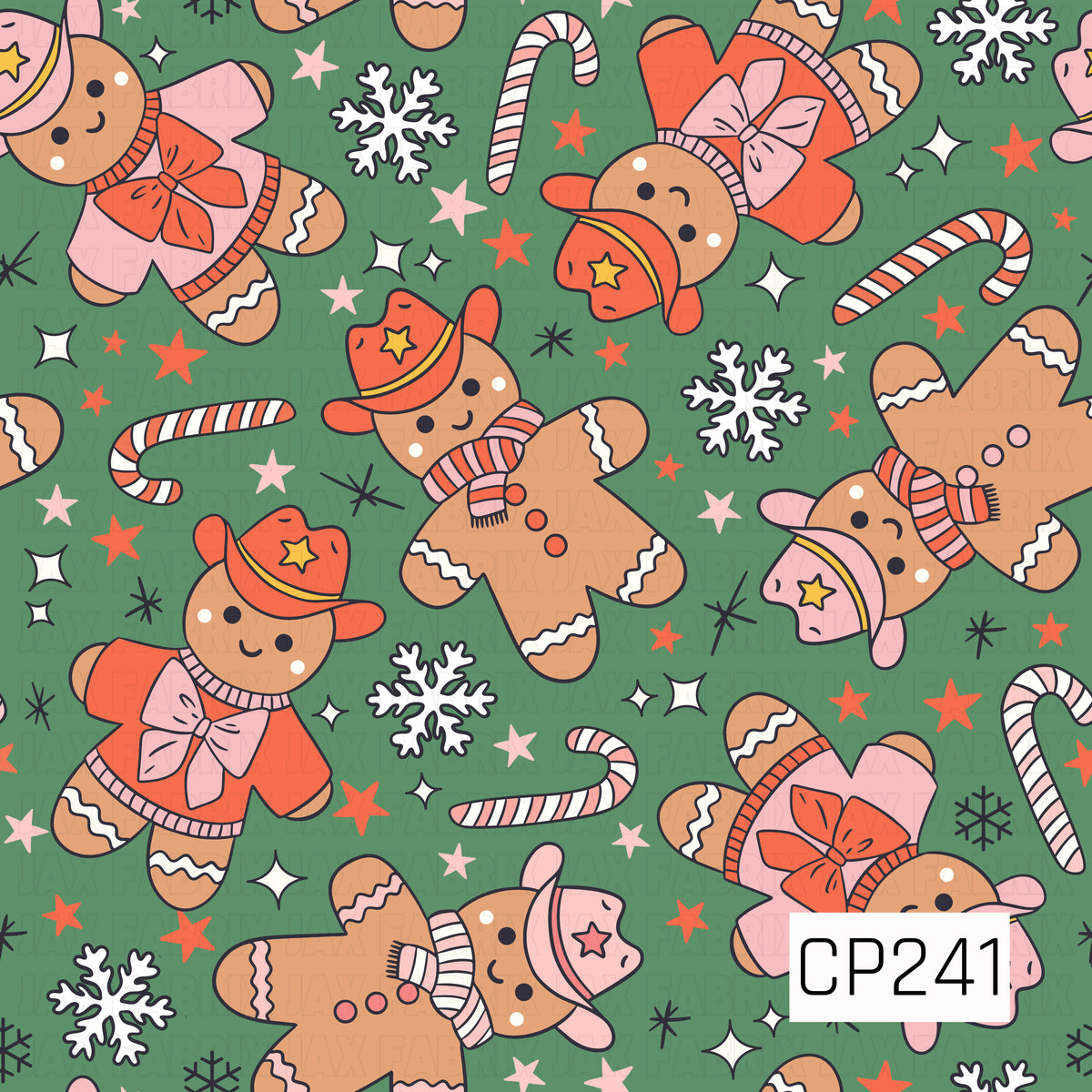A playful western Christmas design featuring adorable gingerbread cowboys and cowgirls dressed in cowboy hats, scarves, and oversized bows. Candy canes, snowflakes, stars, and sparkles are scattered across a festive green background, with warm gingerbread brown, coral, pink, and red tones for a fun holiday western feel.