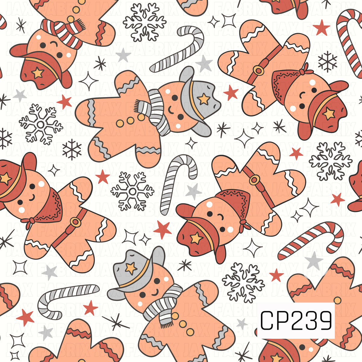 A playful Christmas gingerbread design featuring adorable gingerbread cowboys dressed in western hats, bandanas, scarves, and boots. Candy canes, snowflakes, stars, and little sparkles are scattered throughout the white background, with warm gingerbread brown, rustic red, gray, and cream tones for a fun western holiday feel.