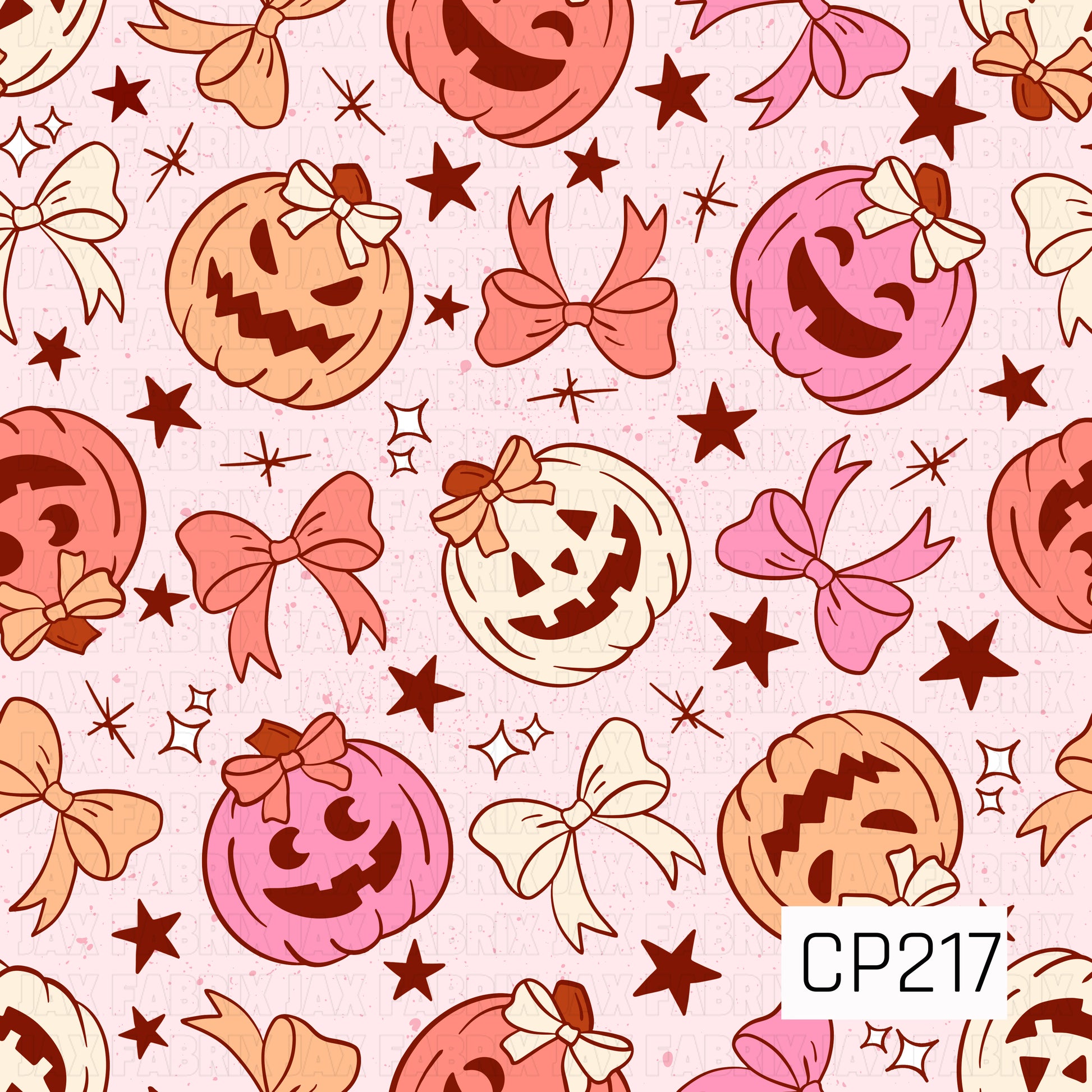 A playful Halloween seamless pattern featuring smiling pastel jack-o'-lanterns adorned with sweet bows, scattered stars, sparkles, and ribbons in shades of pink, peach, cream, and burgundy on a light speckled background. Perfect for Halloween apparel, quilts, bags, accessories, nursery décor, and other spooky-cute sewing and crafting projects.
