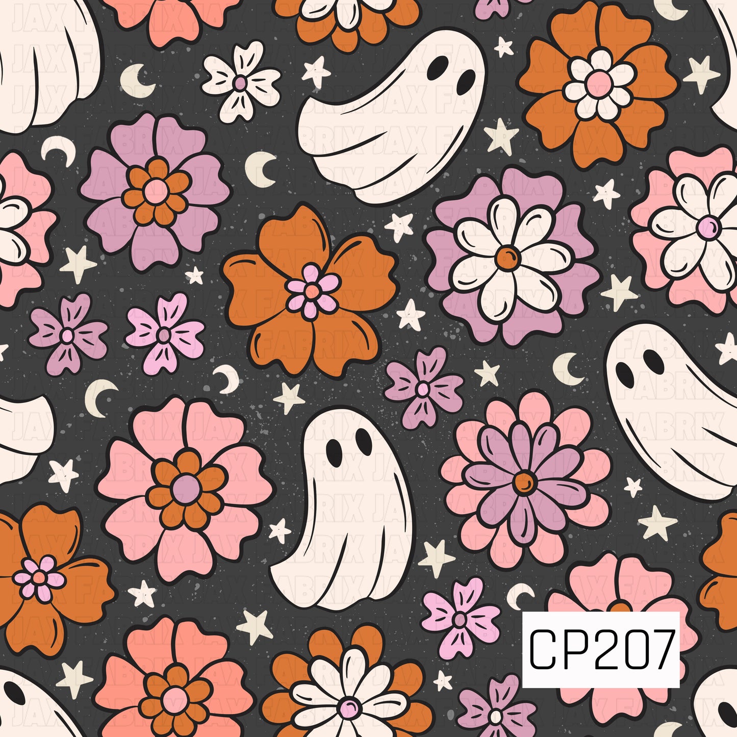 A whimsical Halloween pattern featuring friendly white ghosts floating among retro-inspired flowers in shades of pink, orange, purple, and cream. Tiny stars and crescent moons are scattered across a charcoal black background, creating a playful floral Halloween design with a soft vintage feel.
