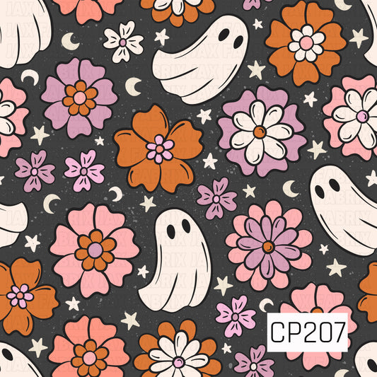A whimsical Halloween pattern featuring friendly white ghosts floating among retro-inspired flowers in shades of pink, orange, purple, and cream. Tiny stars and crescent moons are scattered across a charcoal black background, creating a playful floral Halloween design with a soft vintage feel.
