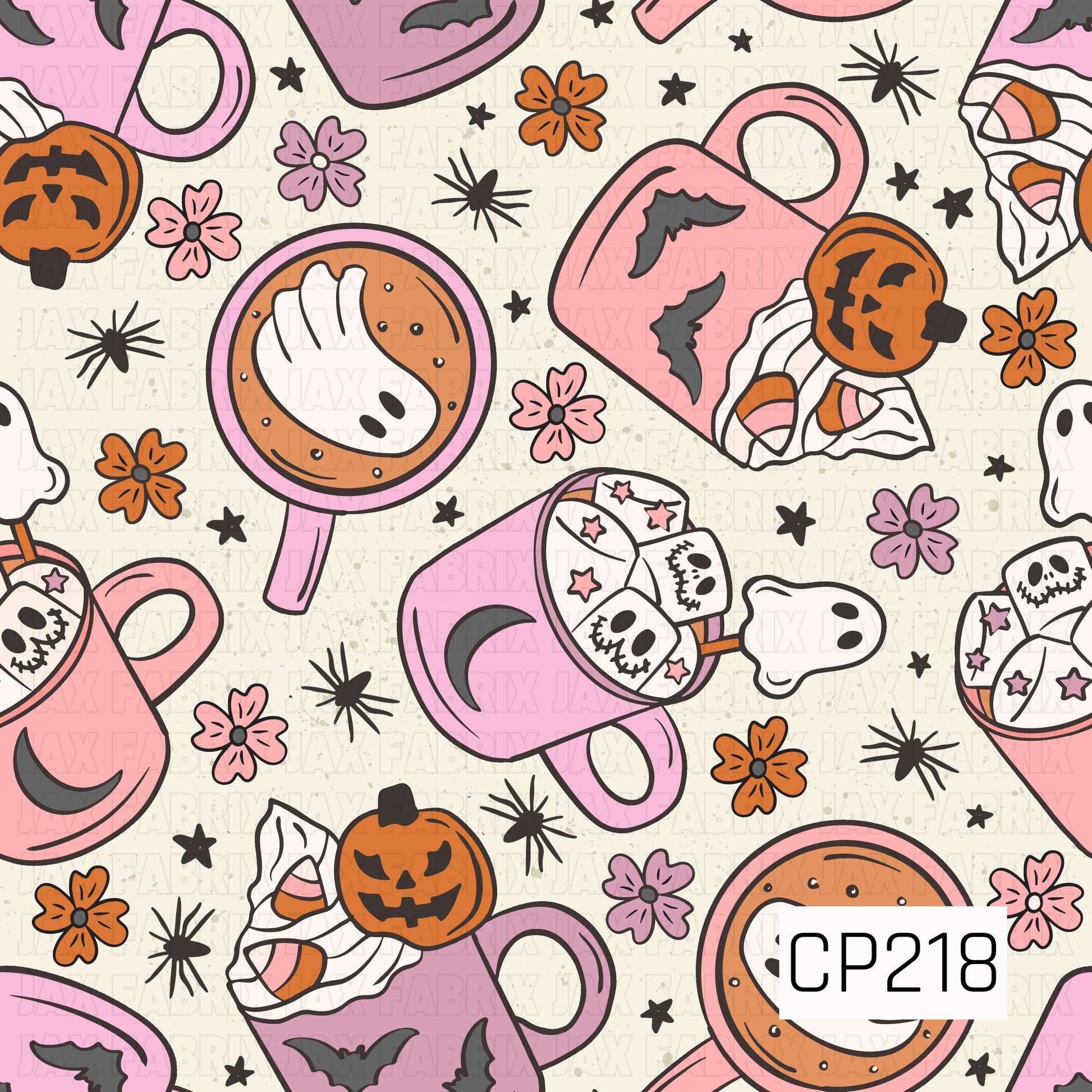 A cozy Halloween seamless pattern featuring pink mugs of spooky hot cocoa topped with ghost marshmallows, candy corn, jack-o'-lanterns, bats, tiny ghosts, flowers, and festive Halloween accents in soft pink, orange, black, and cream. Perfect for Halloween apparel, blankets, quilts, mugs, kitchen décor, bags, accessories, and other spooky-cute sewing and crafting projects.
