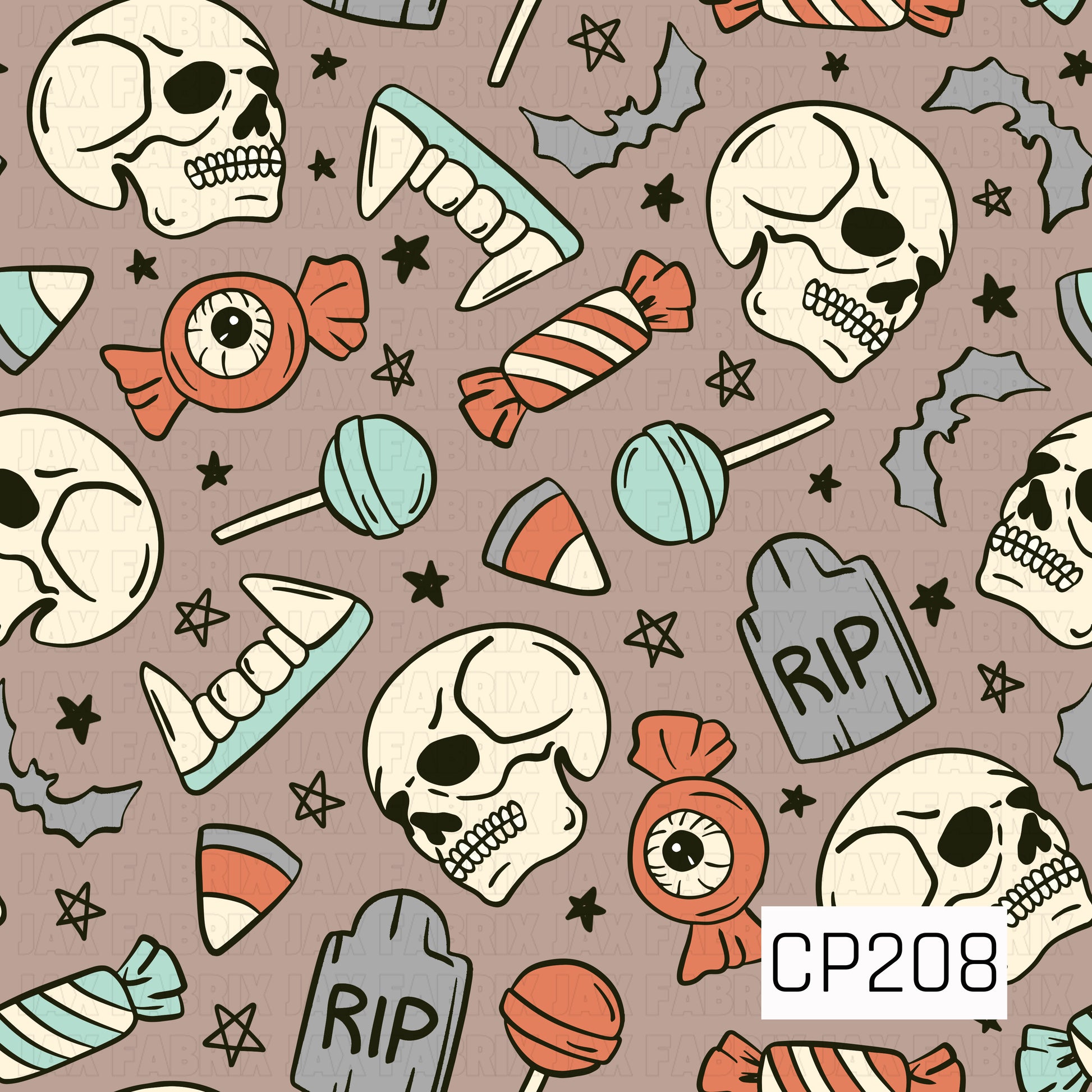 A playful Halloween pattern featuring vintage-inspired skulls, vampire fangs, bats, candy corn, lollipops, wrapped candies, eyeball candies, tombstones, and scattered stars. Set against a muted taupe background, the design combines spooky icons with sweet treats for a fun retro Halloween aesthetic.
