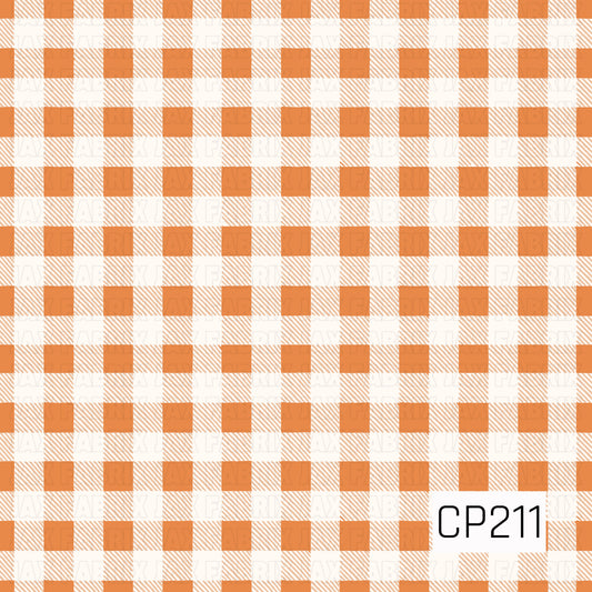 A classic gingham check pattern featuring warm pumpkin orange and soft cream squares with subtle diagonal stripe detailing. This timeless plaid design offers a clean, cozy look that pairs beautifully with fall, Halloween, Thanksgiving, and coordinating autumn prints.
