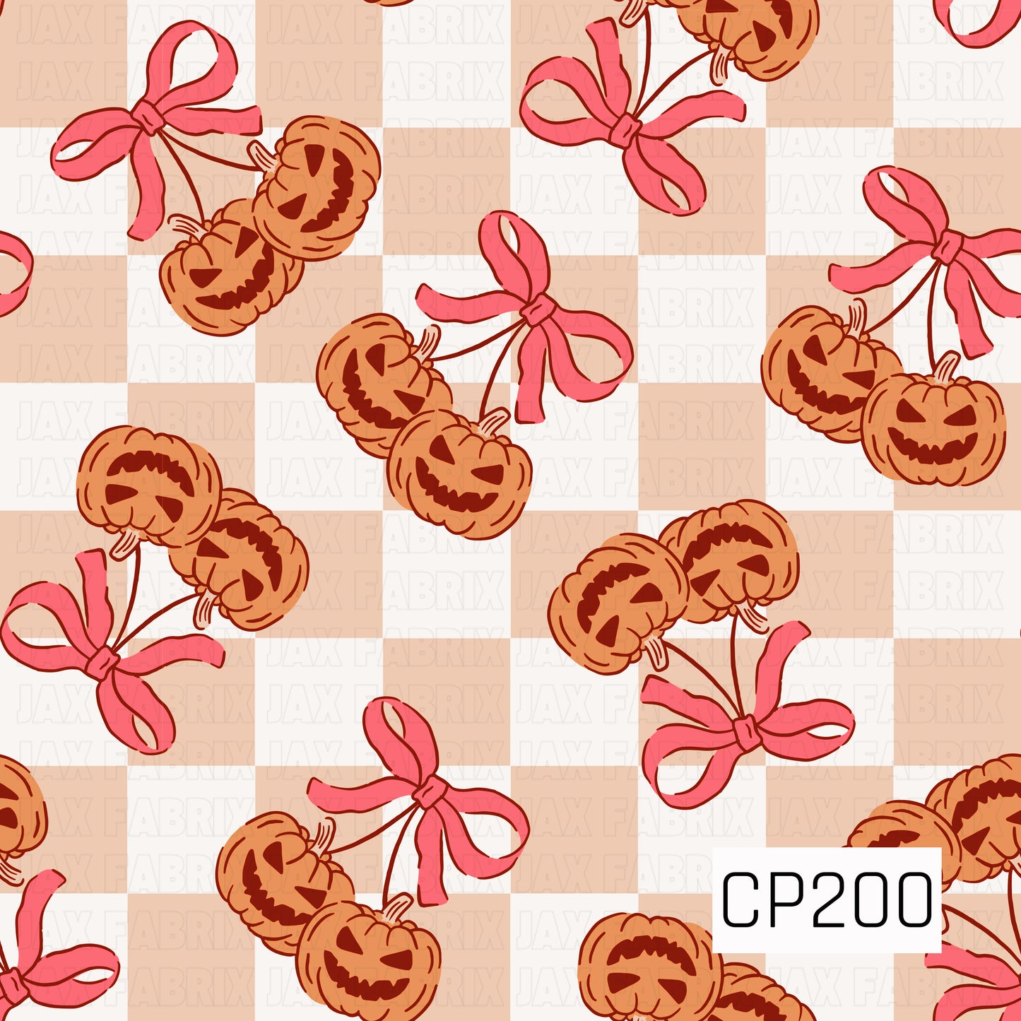 A seamless pattern featuring smiling jack-o'-lantern pumpkin pairs tied together with bright pink bows, scattered across a soft peach and cream gingham background. The playful design combines cheerful Halloween pumpkins with sweet ribbon accents for a whimsical pastel autumn aesthetic.
