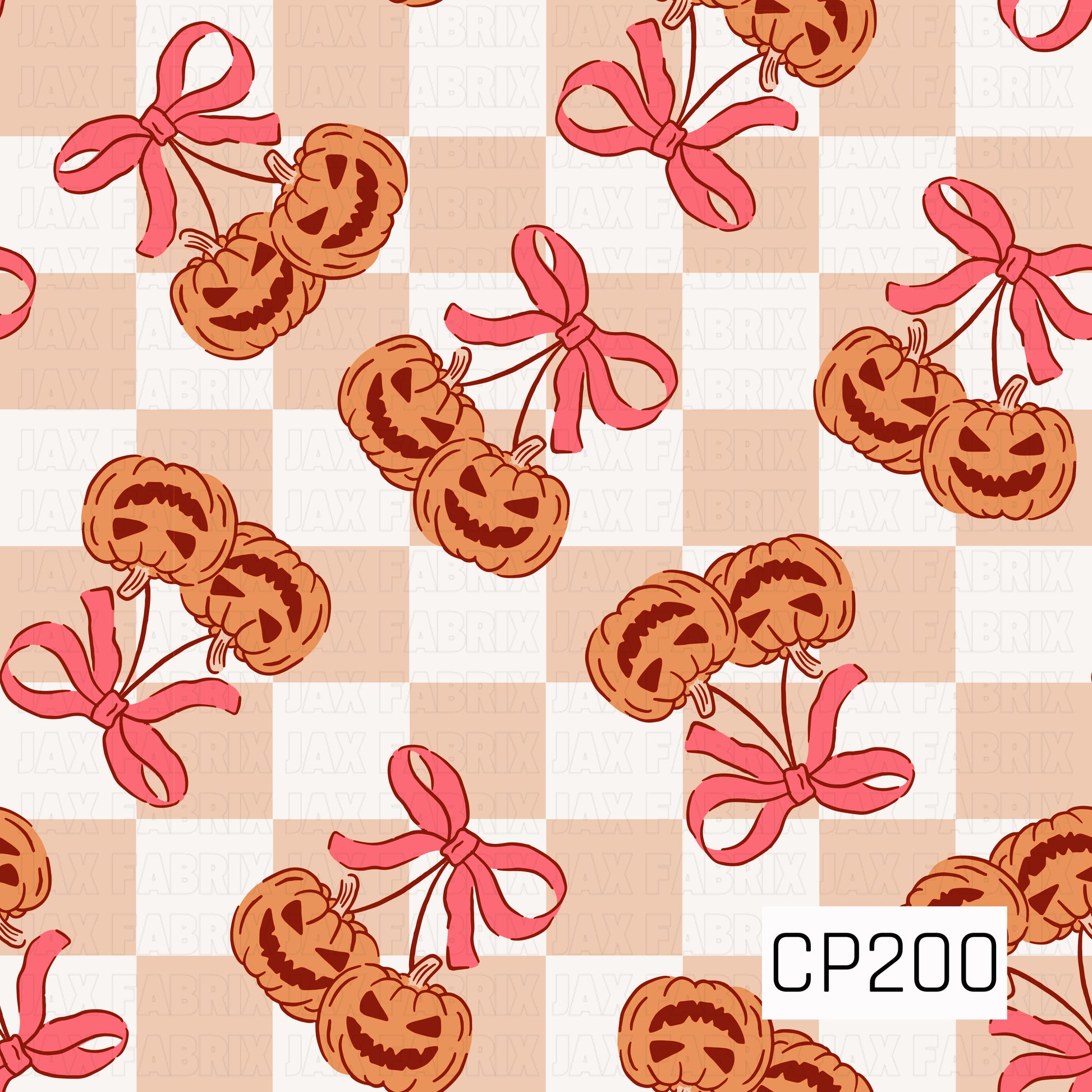 A seamless pattern featuring smiling jack-o'-lantern pumpkin pairs tied together with bright pink bows, scattered across a soft peach and cream gingham background. The playful design combines cheerful Halloween pumpkins with sweet ribbon accents for a whimsical pastel autumn aesthetic.
