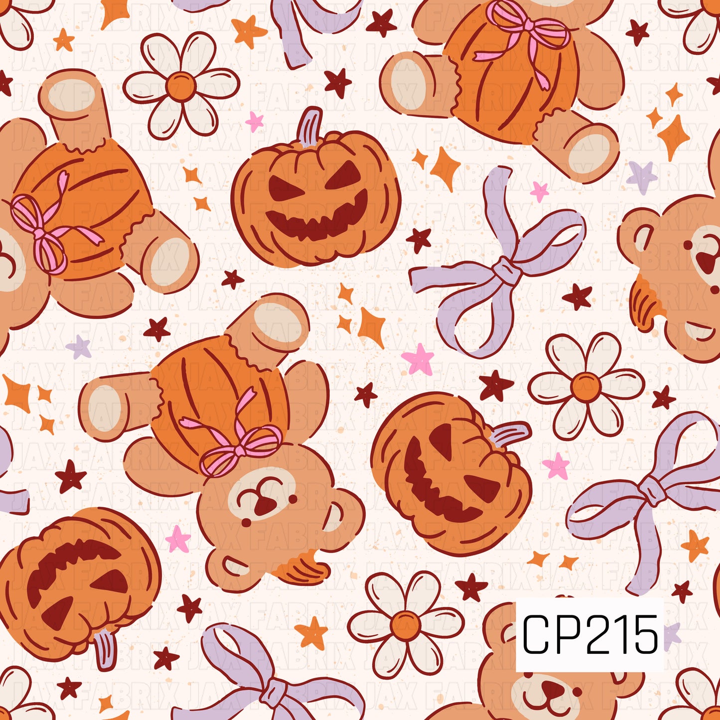 A sweet Halloween seamless pattern featuring adorable teddy bears dressed in cozy pumpkin sweaters, smiling jack-o'-lanterns, soft lavender bows, daisy flowers, and scattered stars on a light speckled background. Perfect for Halloween apparel, baby blankets, quilts, nursery décor, bags, accessories, and other spooky-cute sewing and crafting projects.
