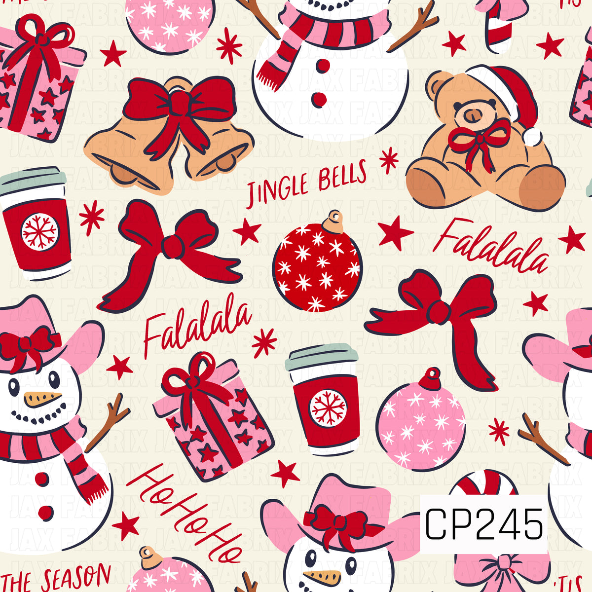A cheerful Christmas design filled with snowmen, teddy bears, jingle bells, presents, bows, ornaments, and festive coffee cups. Pops of bright red and pink stand out against a soft cream background, with playful holiday phrases like “Jingle Bells,” “Falalala,” and “Ho Ho Ho” scattered throughout.