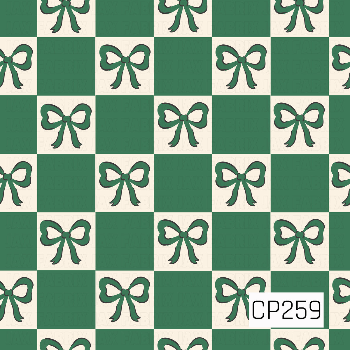 A classic checkerboard pattern featuring hand-drawn green bows centered within alternating creamy ivory squares. The deep evergreen and warm cream color palette gives it a simple, vintage-inspired holiday feel, while the flowing ribbon tails add a soft, feminine touch.
