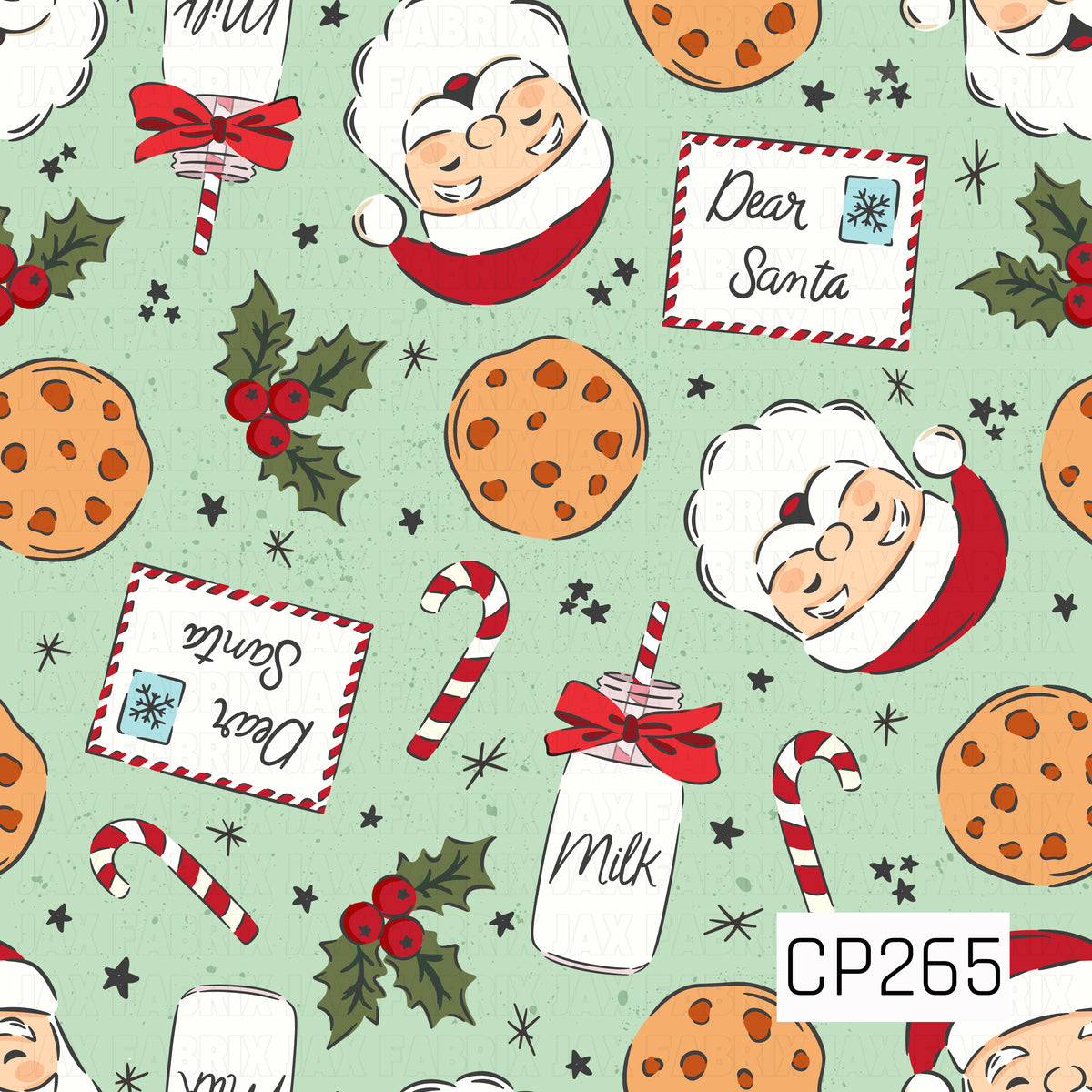 A cheerful Christmas Eve pattern featuring smiling Santa faces, chocolate chip cookies, milk bottles tied with bright red bows, candy canes, and handwritten “Dear Santa” letters. Sprigs of holly, tiny stars, and sketchy accents are scattered across a soft mint green background, creating a playful vintage-inspired holiday design with classic red and green touches.