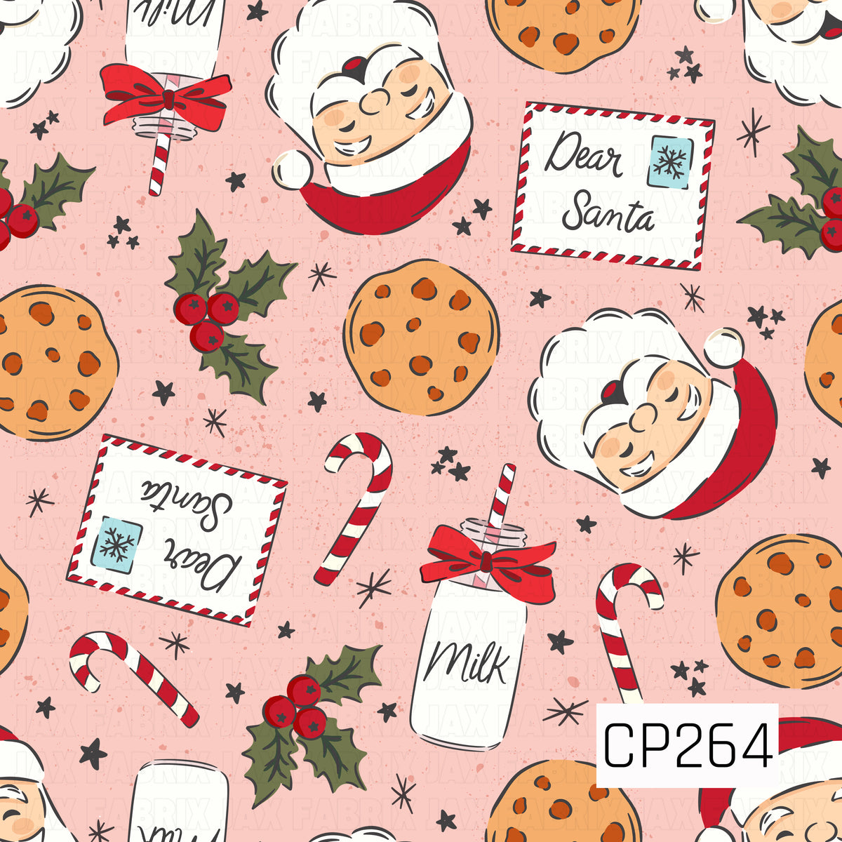 A sweet Christmas Eve pattern featuring cheerful Santa faces, chocolate chip cookies, bottles of milk tied with red bows, candy canes, and “Dear Santa” letters. Holly berries, tiny stars, and sketchy accents are scattered throughout the soft pink background, giving the design a playful vintage-inspired holiday feel.