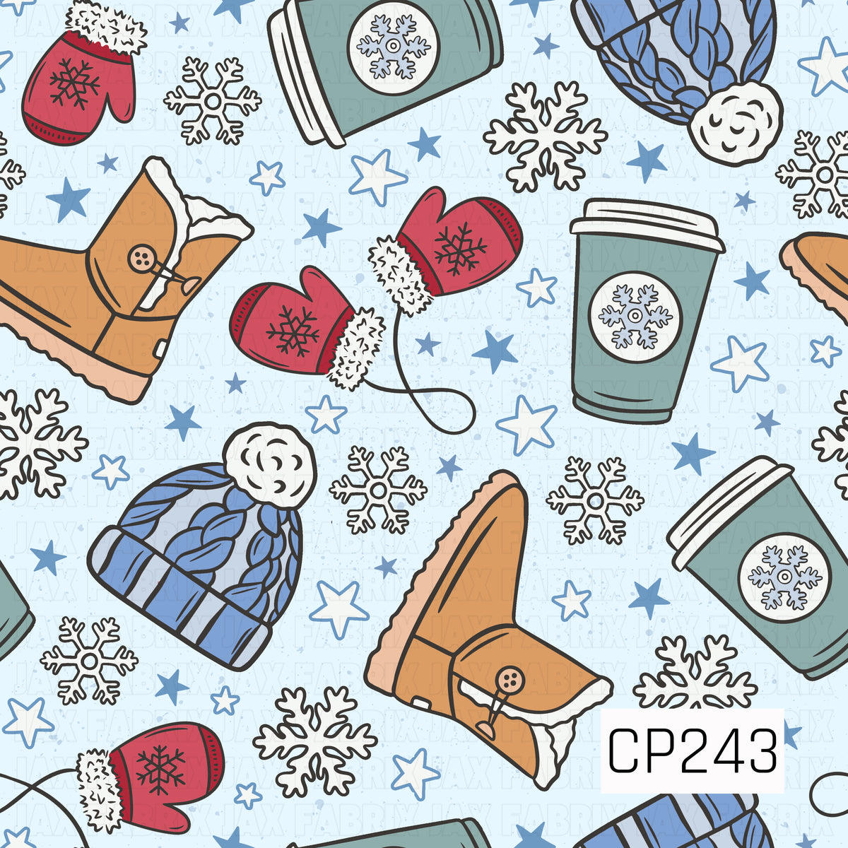A cozy winter design featuring warm drinks, snow boots, knit beanies, and fuzzy red mittens surrounded by snowflakes and scattered stars. Shades of icy blue, denim blue, warm camel, muted sage, and pops of red give this print a fun classic winter feel.