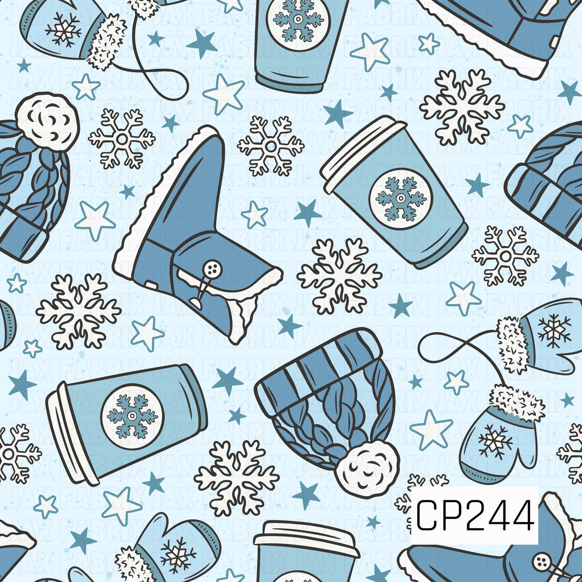 A cozy winter design featuring warm drinks, snow boots, knit beanies, and fuzzy mittens surrounded by snowflakes and scattered stars. Soft shades of icy blue, denim blue, and white give this print a chilly, cozy winter feel.
