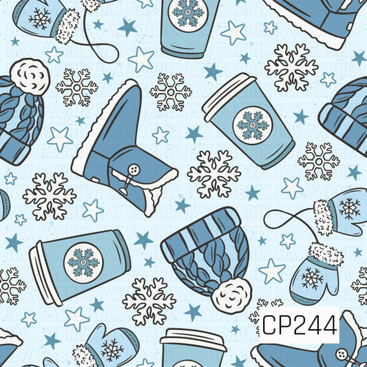 A cozy winter design featuring warm drinks, snow boots, knit beanies, and fuzzy mittens surrounded by snowflakes and scattered stars. Soft shades of icy blue, denim blue, and white give this print a chilly, cozy winter feel.