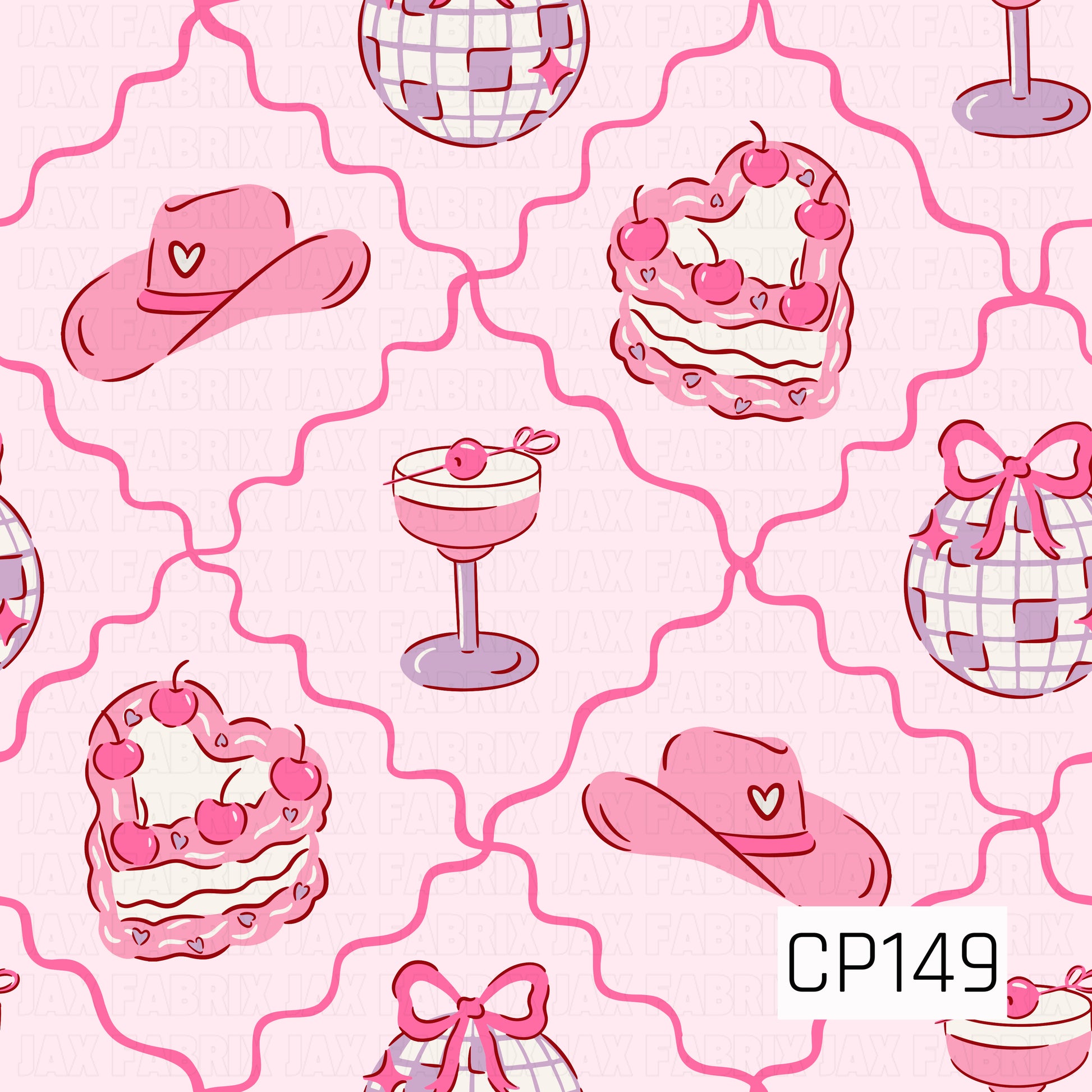 Pink cowboy hats, heart-shaped cherry cakes, disco balls with bows, and cherry-topped cocktails are scattered across a soft pink background with a wavy lattice pattern, creating a sweet western-inspired design with playful retro charm.
