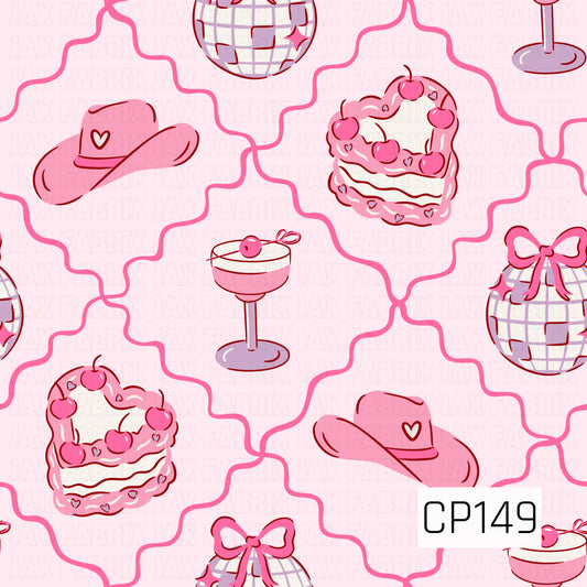 Pink cowboy hats, heart-shaped cherry cakes, disco balls with bows, and cherry-topped cocktails are scattered across a soft pink background with a wavy lattice pattern, creating a sweet western-inspired design with playful retro charm.
