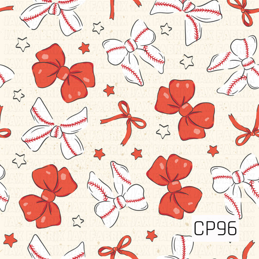 A seamless pattern featuring classic red hair bows paired with white bows made from baseball-stitched ribbon, accented by small red ribbon bows and scattered red and outlined stars. Set on a soft cream speckled background, this sporty design combines baseball charm with a sweet bow-inspired style.
