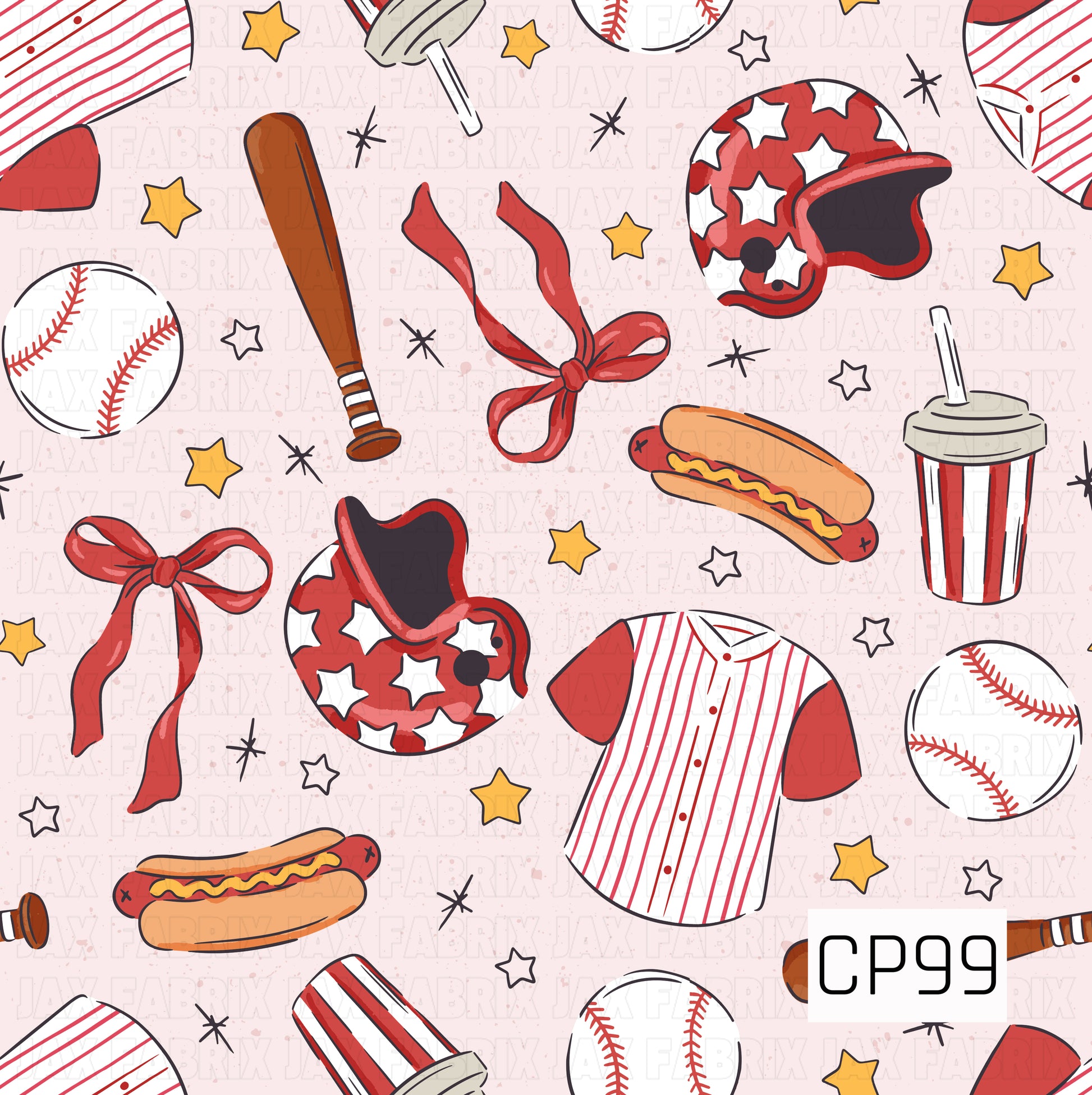 A seamless pattern featuring baseball jerseys, helmets with star prints, baseballs, bats, red bows, hot dogs, striped drink cups, and scattered stars on a soft blush background. The classic red, white, and gold color palette creates a fun, all-American baseball-inspired design.
