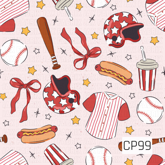 A seamless pattern featuring baseball jerseys, helmets with star prints, baseballs, bats, red bows, hot dogs, striped drink cups, and scattered stars on a soft blush background. The classic red, white, and gold color palette creates a fun, all-American baseball-inspired design.
