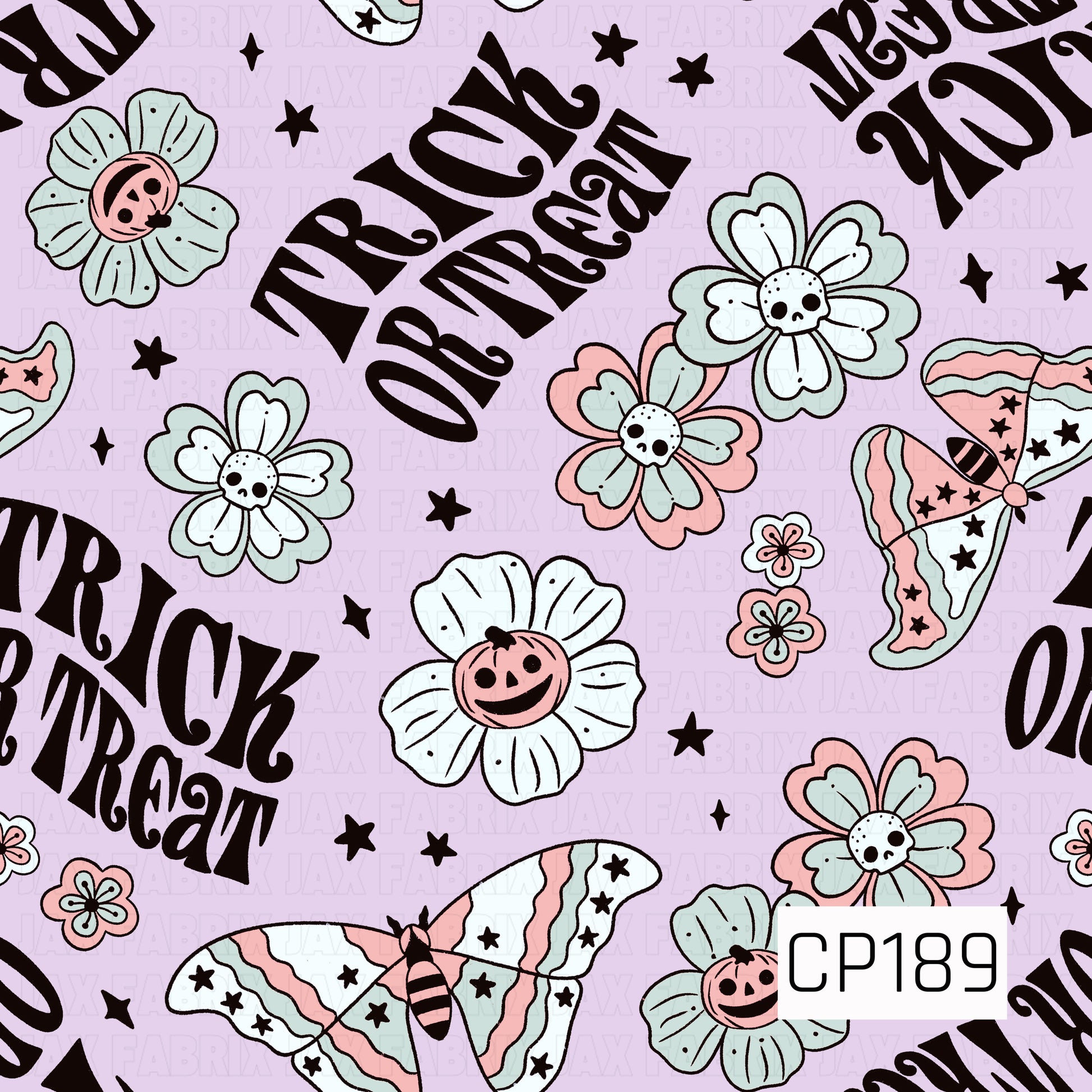 A seamless Halloween pattern featuring bold "Trick or Treat" lettering surrounded by whimsical flowers with pumpkin and skull centers, pastel-striped moths, scattered stars, and tiny blossoms. The soft lavender background paired with blush pink, mint green, black, and cream accents creates a playful retro Halloween aesthetic.
