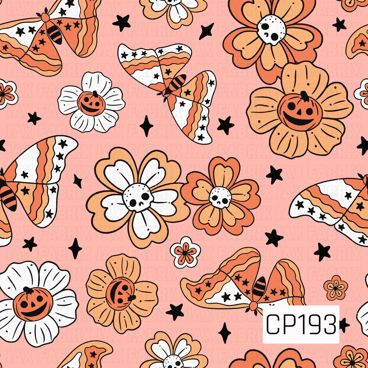 A seamless Halloween pattern featuring whimsical striped moths, flowers with pumpkin and skull centers, scattered stars, and tiny floral accents on a soft blush pink background. Warm shades of orange, peach, cream, black, and white create a playful retro Halloween aesthetic with a charming botanical twist.
