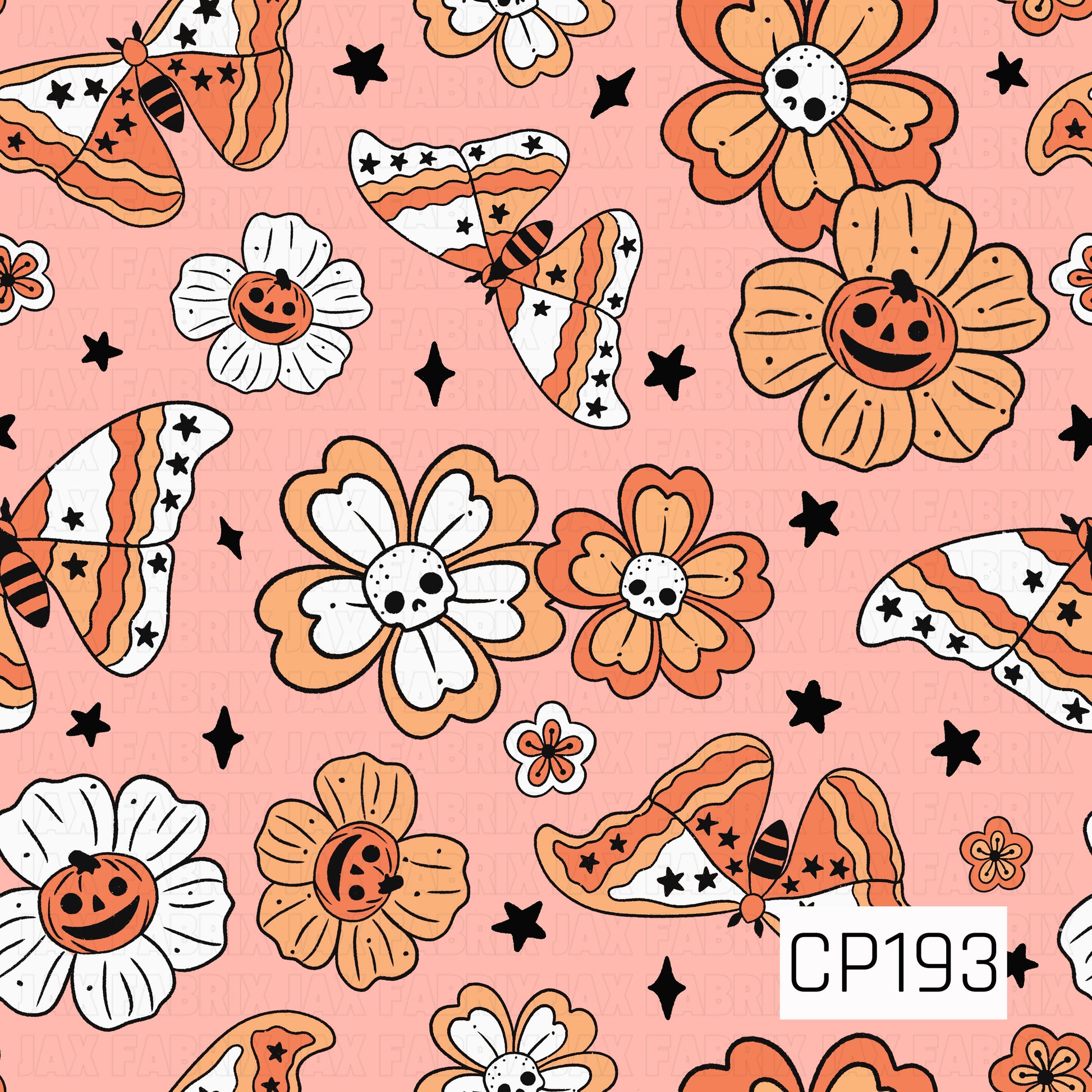 A seamless Halloween pattern featuring whimsical striped moths, flowers with pumpkin and skull centers, scattered stars, and tiny floral accents on a soft blush pink background. Warm shades of orange, peach, cream, black, and white create a playful retro Halloween aesthetic with a charming botanical twist.
