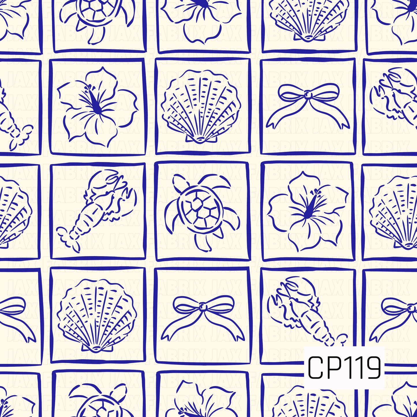 A seamless coastal tile pattern featuring sea turtles, hibiscus flowers, seashells, ribbon bows, and lobsters illustrated in bold royal blue line art. Each motif is framed inside a square grid on a warm cream background, creating a clean, classic seaside design with a nautical feel.
